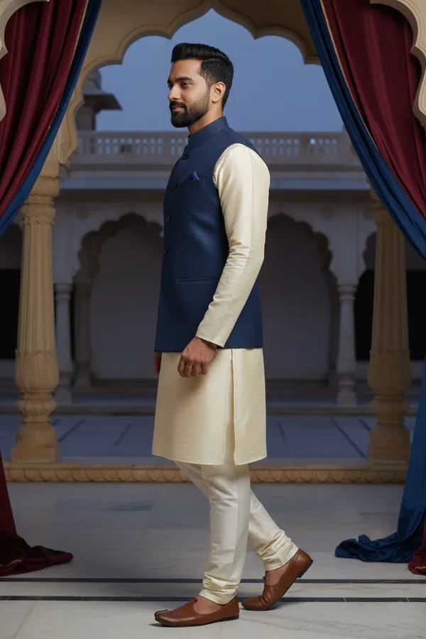 Navy_Blue_Premium_Pattern_Poly_Silk_Nehru_Jacket_Kurta_Pajama_Set_For_Men