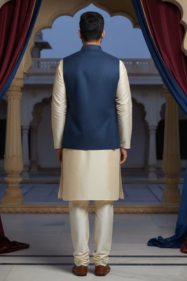 Navy_Blue_Premium_Pattern_Poly_Silk_Nehru_Jacket_Kurta_Pajama_Set_For_Men