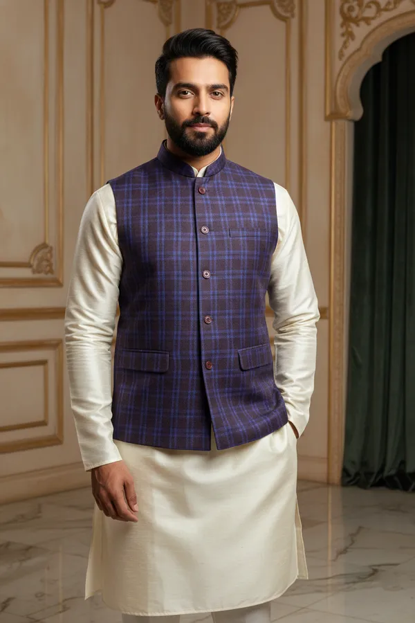 Blue_And_Purple_Premium_Pattern_Poly_Silk_Nehru_Jacket_Kurta_Pajama_Set_For_Men
