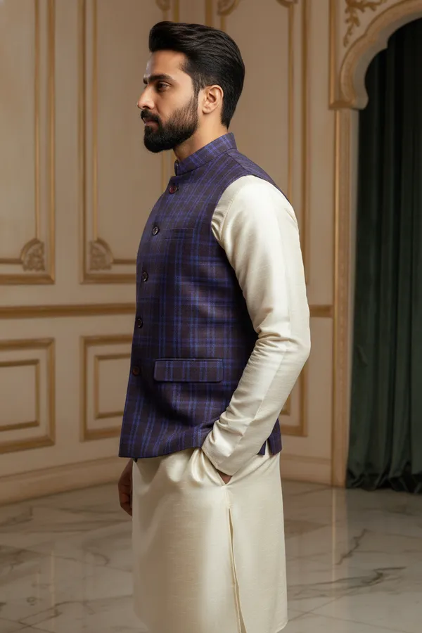 Blue_And_Purple_Premium_Pattern_Poly_Silk_Nehru_Jacket_Kurta_Pajama_Set_For_Men