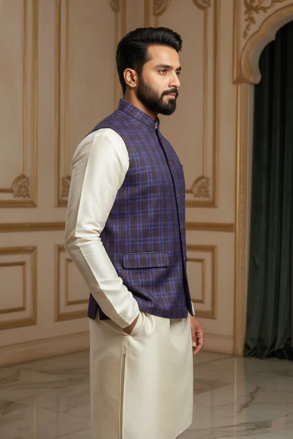 Blue_And_Purple_Premium_Pattern_Poly_Silk_Nehru_Jacket_Kurta_Pajama_Set_For_Men