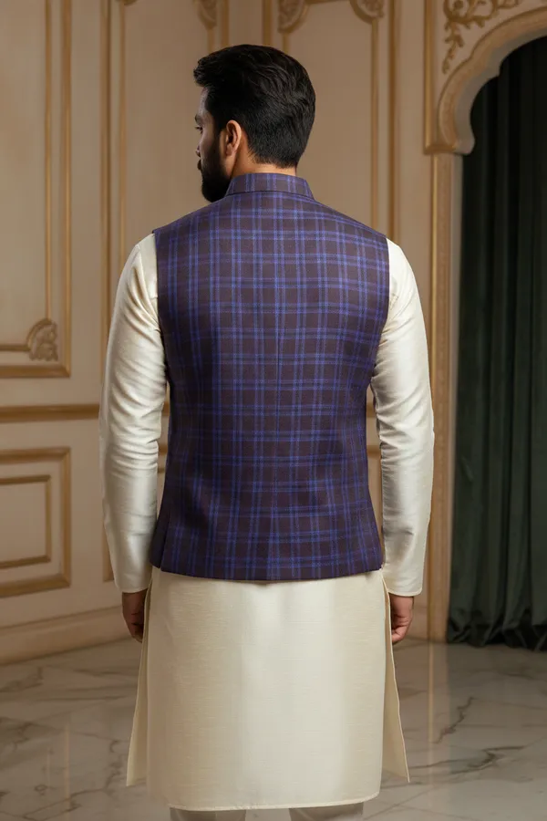 Blue_And_Purple_Premium_Pattern_Poly_Silk_Nehru_Jacket_Kurta_Pajama_Set_For_Men