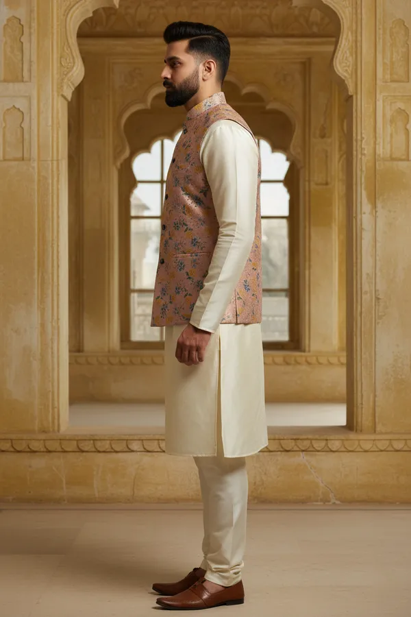 Rose_Pastel_Premium_Pattern_Silk_Blend_Nehru_Jacket_Kurta_Pajama_Set_For_Men