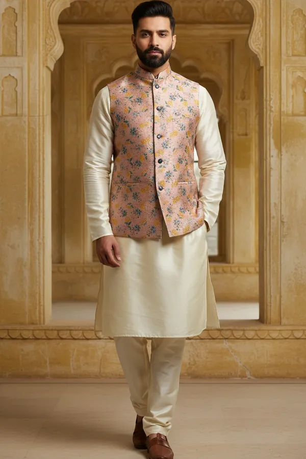 Rose_Pastel_Premium_Pattern_Silk_Blend_Nehru_Jacket_Kurta_Pajama_Set_For_Men
