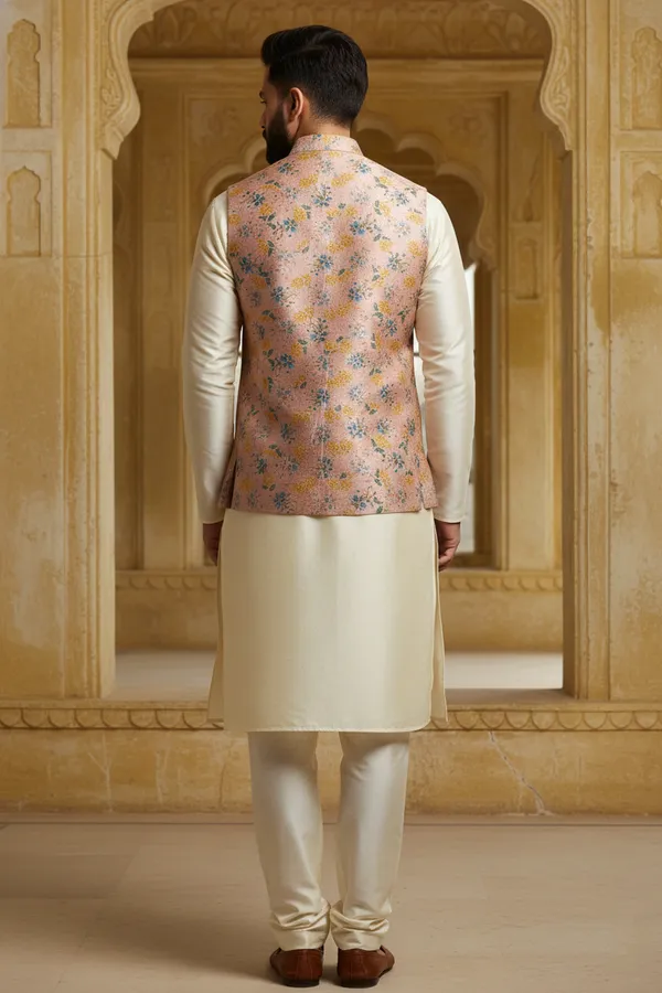 Rose_Pastel_Premium_Pattern_Silk_Blend_Nehru_Jacket_Kurta_Pajama_Set_For_Men