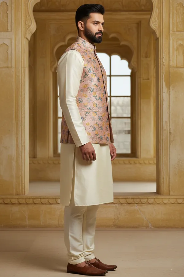 Rose_Pastel_Premium_Pattern_Silk_Blend_Nehru_Jacket_Kurta_Pajama_Set_For_Men