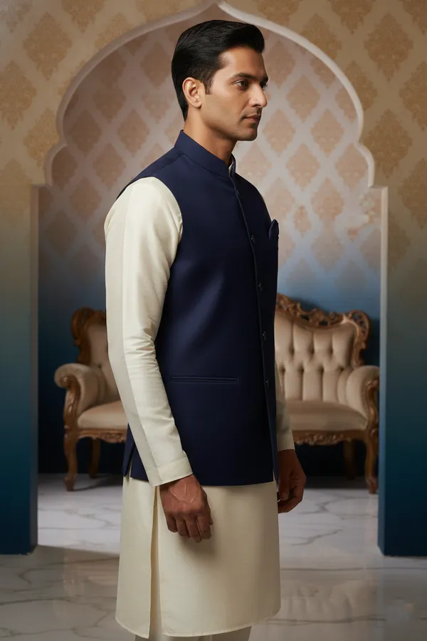 Navy_Blue_Premium_Pattern_Poly_Silk_Nehru_Jacket_Kurta_Pajama_Set_For_Men