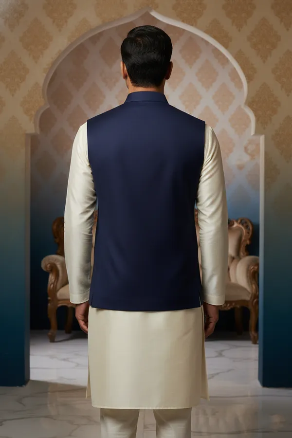 Navy_Blue_Premium_Pattern_Poly_Silk_Nehru_Jacket_Kurta_Pajama_Set_For_Men