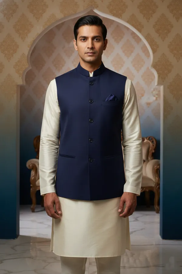 Navy_Blue_Premium_Pattern_Poly_Silk_Nehru_Jacket_Kurta_Pajama_Set_For_Men