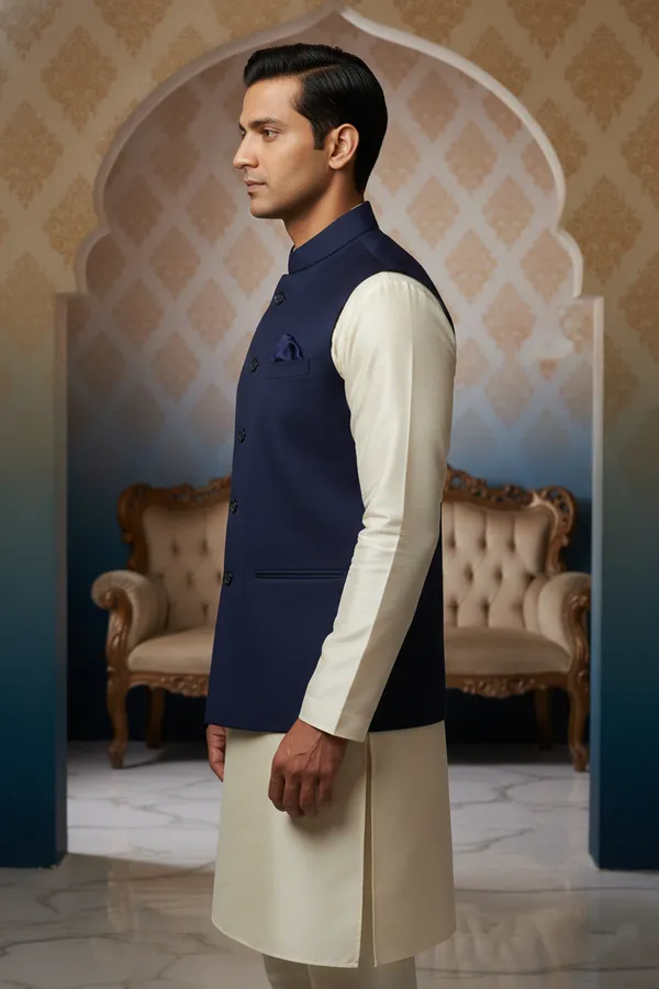Navy_Blue_Premium_Pattern_Poly_Silk_Nehru_Jacket_Kurta_Pajama_Set_For_Men
