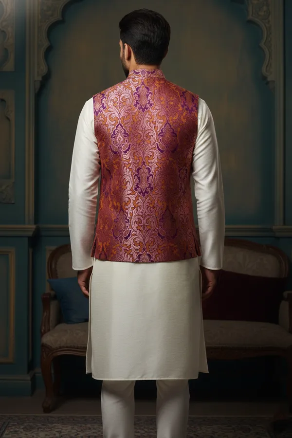 Wine_Premium_Pattern_Poly_Silk_Nehru_Jacket_Kurta_Pajama_Set_For_Men