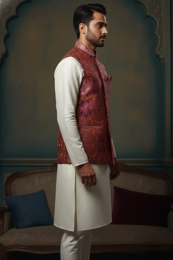 Wine_Premium_Pattern_Poly_Silk_Nehru_Jacket_Kurta_Pajama_Set_For_Men
