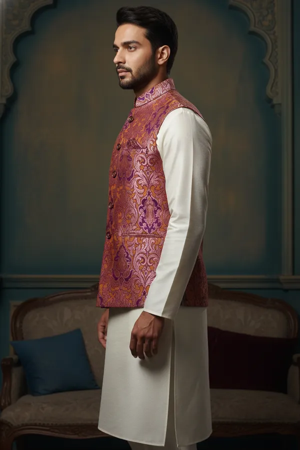 Wine_Premium_Pattern_Poly_Silk_Nehru_Jacket_Kurta_Pajama_Set_For_Men