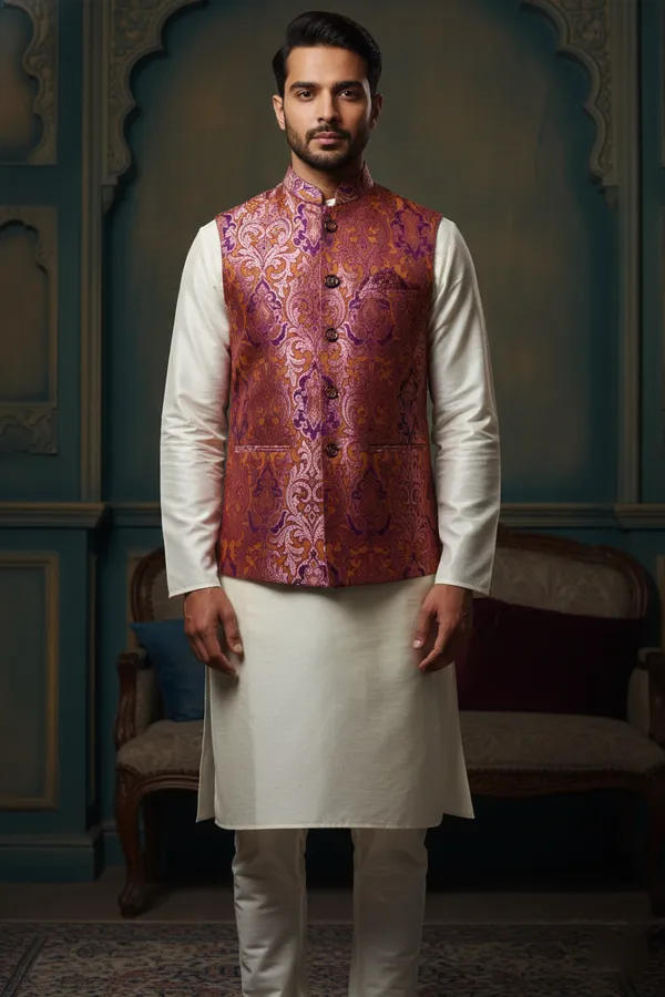 Wine_Premium_Pattern_Poly_Silk_Nehru_Jacket_Kurta_Pajama_Set_For_Men