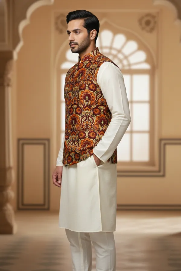 Rust_Premium_Pattern_Poly_Silk_Nehru_Jacket_Kurta_Pajama_Set_For_Men