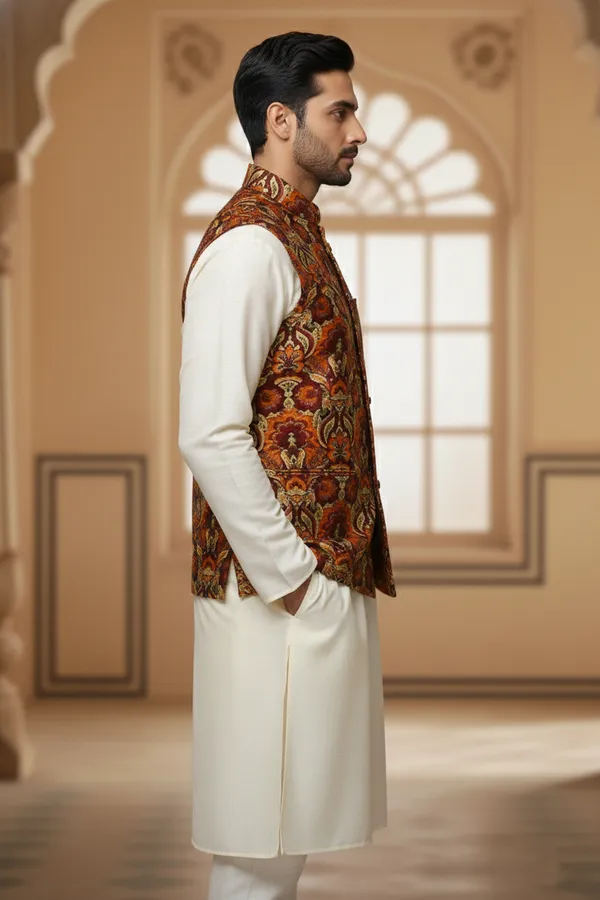Rust_Premium_Pattern_Poly_Silk_Nehru_Jacket_Kurta_Pajama_Set_For_Men