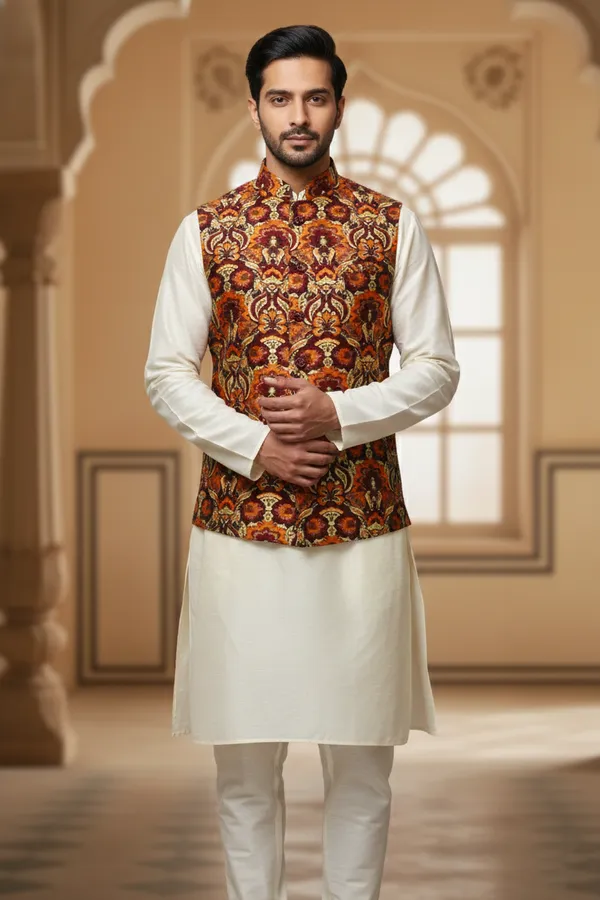 Rust_Premium_Pattern_Poly_Silk_Nehru_Jacket_Kurta_Pajama_Set_For_Men