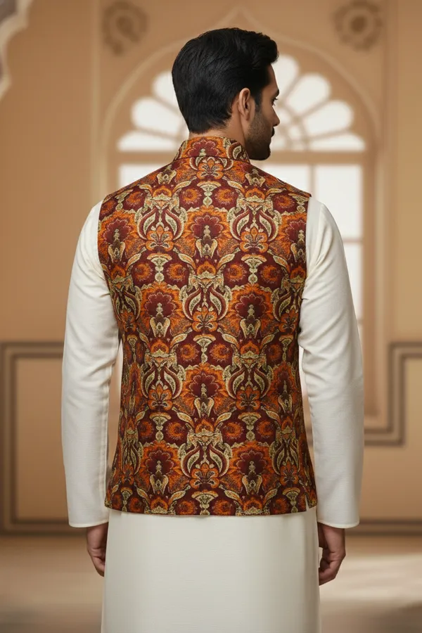 Rust_Premium_Pattern_Poly_Silk_Nehru_Jacket_Kurta_Pajama_Set_For_Men