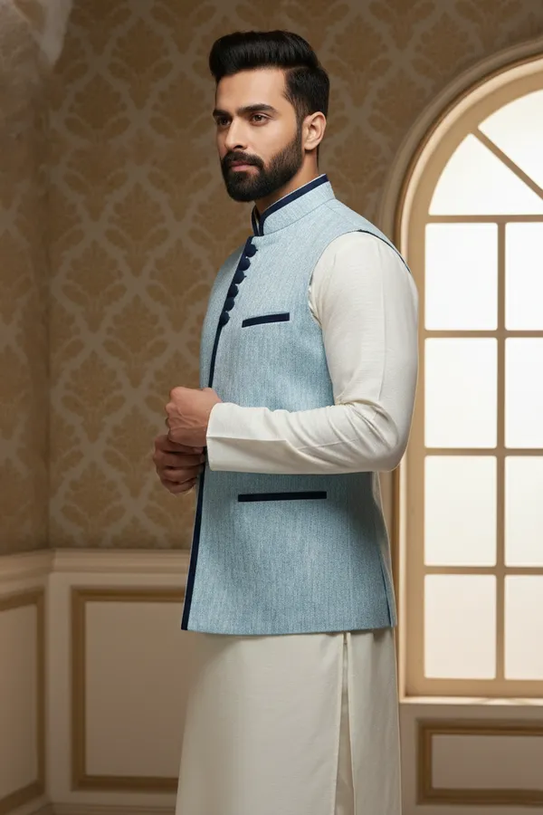 Lightblue_Premium_Pattern_Poly_Silk_Nehru_Jacket_Kurta_Pajama_Set_For_Men