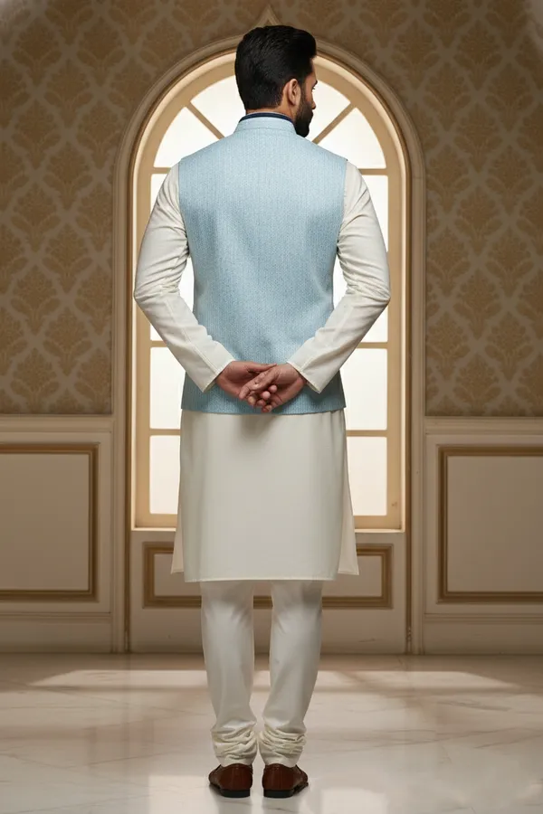 Lightblue_Premium_Pattern_Poly_Silk_Nehru_Jacket_Kurta_Pajama_Set_For_Men