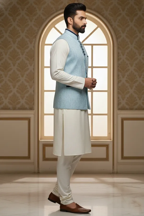 Lightblue_Premium_Pattern_Poly_Silk_Nehru_Jacket_Kurta_Pajama_Set_For_Men