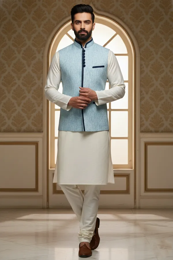 Lightblue_Premium_Pattern_Poly_Silk_Nehru_Jacket_Kurta_Pajama_Set_For_Men
