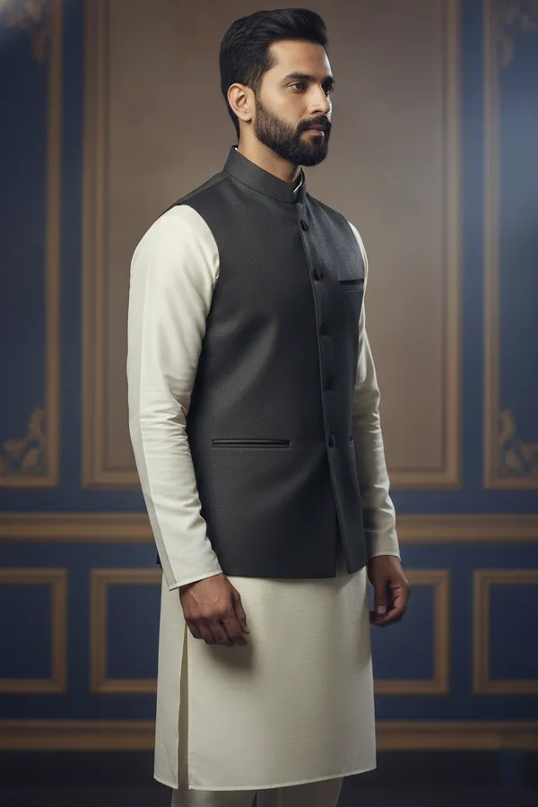 Black_Premium_Pattern_Poly_Silk_Nehru_Jacket_Kurta_Pajama_Set_For_Men