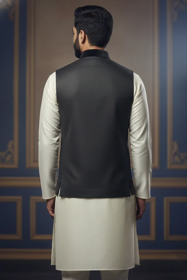 Black_Premium_Pattern_Poly_Silk_Nehru_Jacket_Kurta_Pajama_Set_For_Men