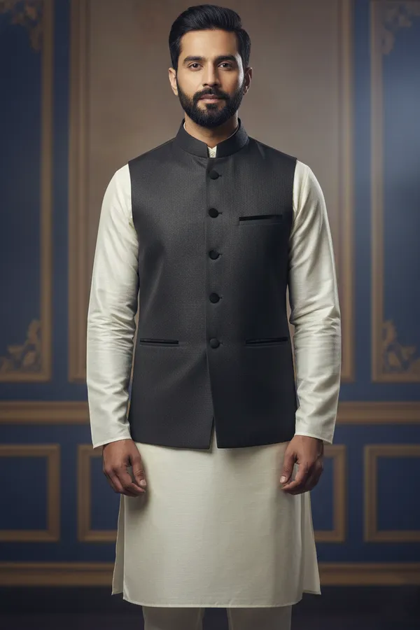Black_Premium_Pattern_Poly_Silk_Nehru_Jacket_Kurta_Pajama_Set_For_Men