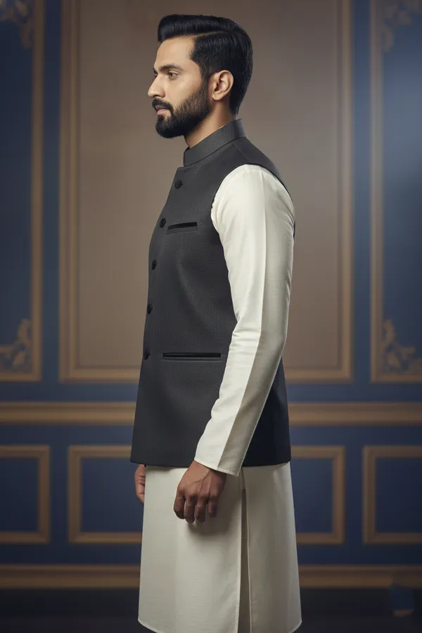 Black_Premium_Pattern_Poly_Silk_Nehru_Jacket_Kurta_Pajama_Set_For_Men