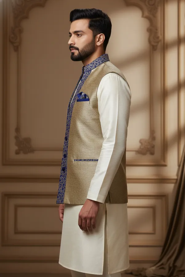 Beige_And_Blue_Premium_Pattern_Poly_Silk_Nehru_Jacket_Kurta_Pajama_Set_For_Men