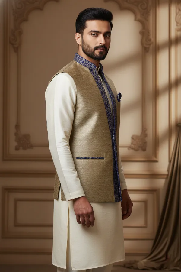 Beige_And_Blue_Premium_Pattern_Poly_Silk_Nehru_Jacket_Kurta_Pajama_Set_For_Men