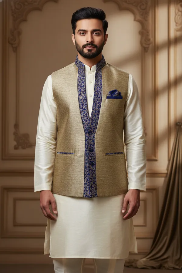 Beige_And_Blue_Premium_Pattern_Poly_Silk_Nehru_Jacket_Kurta_Pajama_Set_For_Men