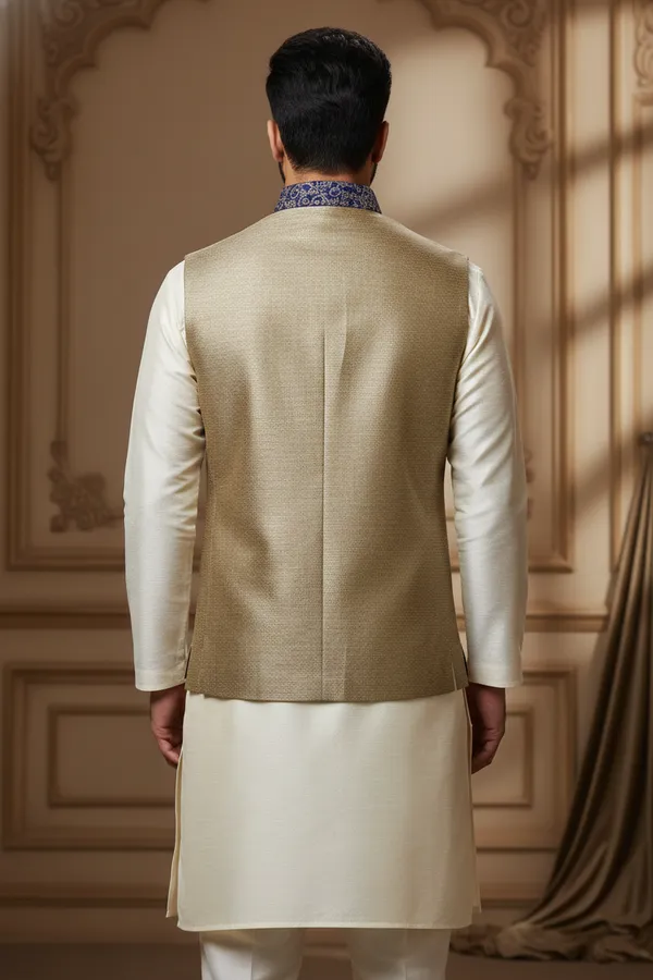 Beige_And_Blue_Premium_Pattern_Poly_Silk_Nehru_Jacket_Kurta_Pajama_Set_For_Men