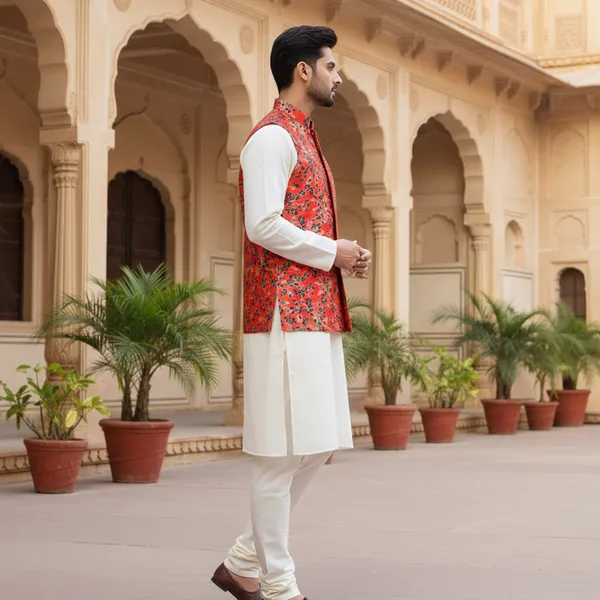 Red_Premium_Pattern_Poly_Silk_Nehru_Jacket_Kurta_Pajama_Set_For_Men