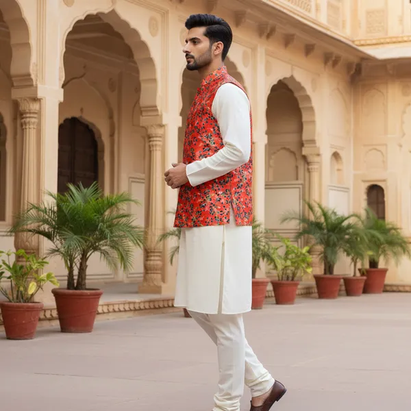 Red_Premium_Pattern_Poly_Silk_Nehru_Jacket_Kurta_Pajama_Set_For_Men