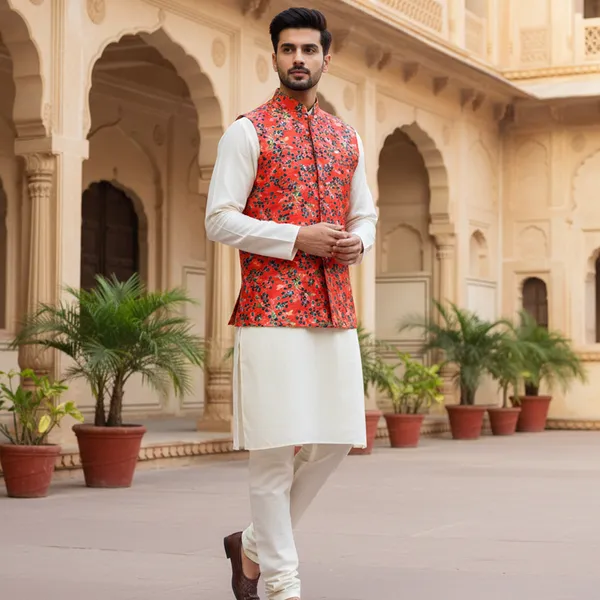 Red_Premium_Pattern_Poly_Silk_Nehru_Jacket_Kurta_Pajama_Set_For_Men