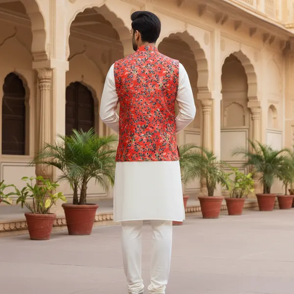Red_Premium_Pattern_Poly_Silk_Nehru_Jacket_Kurta_Pajama_Set_For_Men