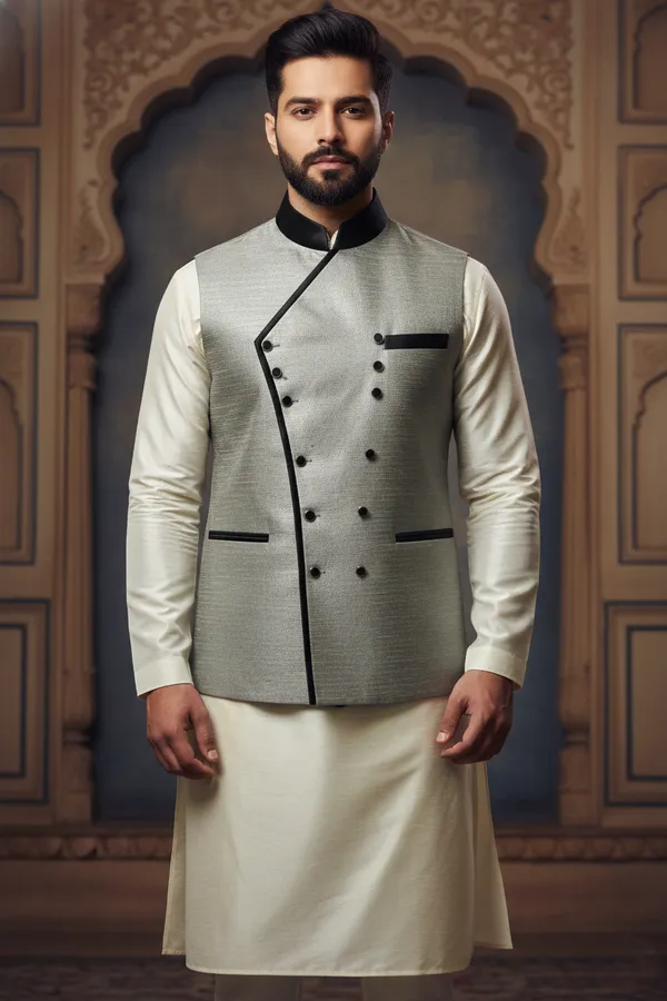 Grey_Premium_Pattern_Poly_Silk_Nehru_Jacket_Kurta_Pajama_Set_For_Men