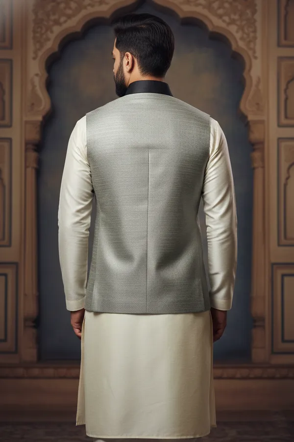 Grey_Premium_Pattern_Poly_Silk_Nehru_Jacket_Kurta_Pajama_Set_For_Men