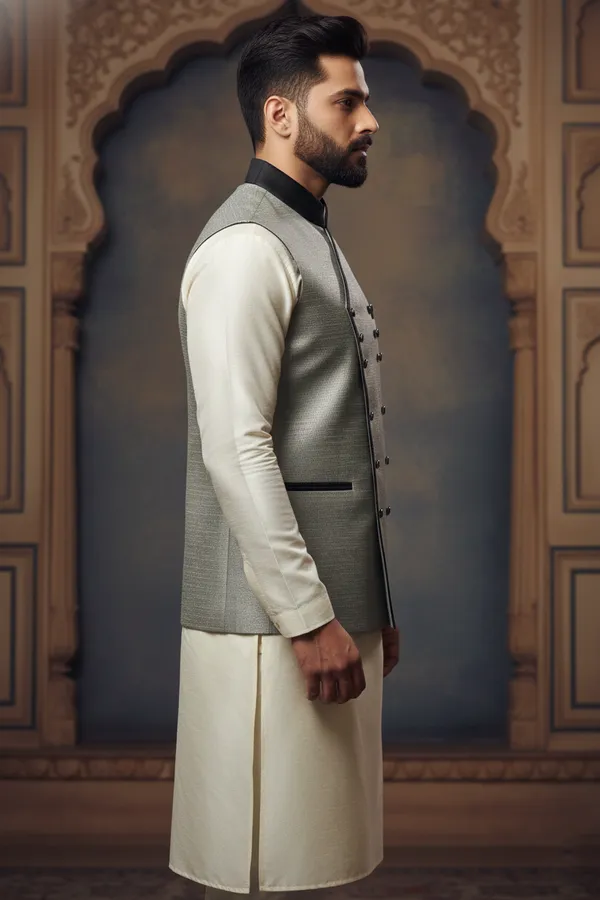 Grey_Premium_Pattern_Poly_Silk_Nehru_Jacket_Kurta_Pajama_Set_For_Men