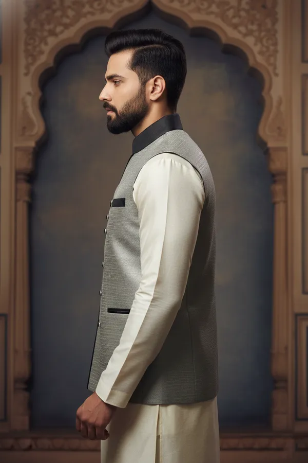 Grey_Premium_Pattern_Poly_Silk_Nehru_Jacket_Kurta_Pajama_Set_For_Men