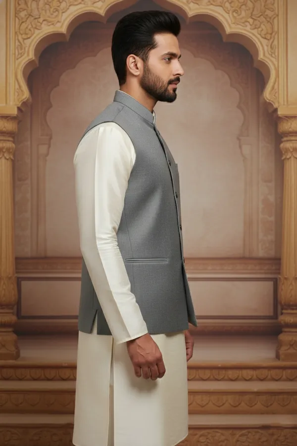 Grey_Premium_Pattern_Silk_Blend_Nehru_Jacket_Kurta_Pajama_Set_For_Men