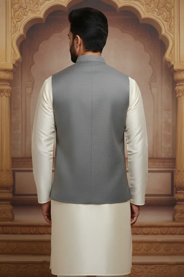 Grey_Premium_Pattern_Silk_Blend_Nehru_Jacket_Kurta_Pajama_Set_For_Men