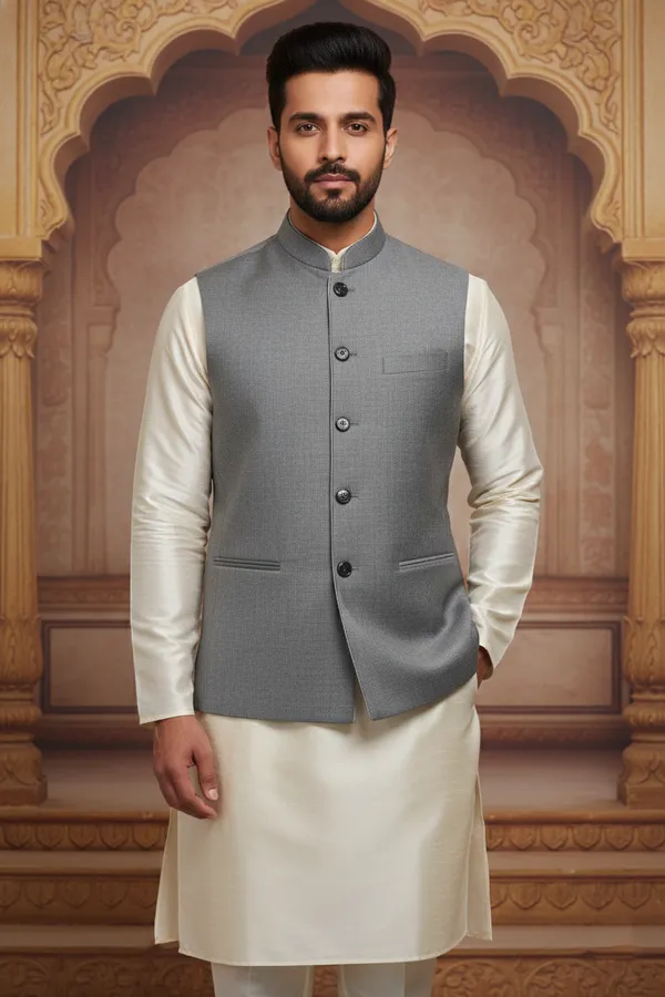 Grey_Premium_Pattern_Silk_Blend_Nehru_Jacket_Kurta_Pajama_Set_For_Men