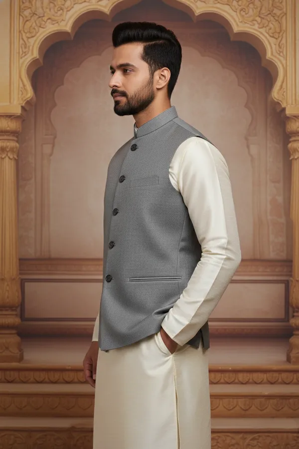 Grey_Premium_Pattern_Silk_Blend_Nehru_Jacket_Kurta_Pajama_Set_For_Men