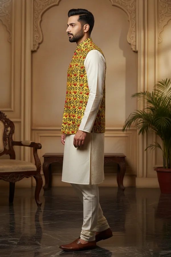 Gold_Premium_Pattern_Silk_Blend_Nehru_Jacket_Kurta_Pajama_Set_For_Men