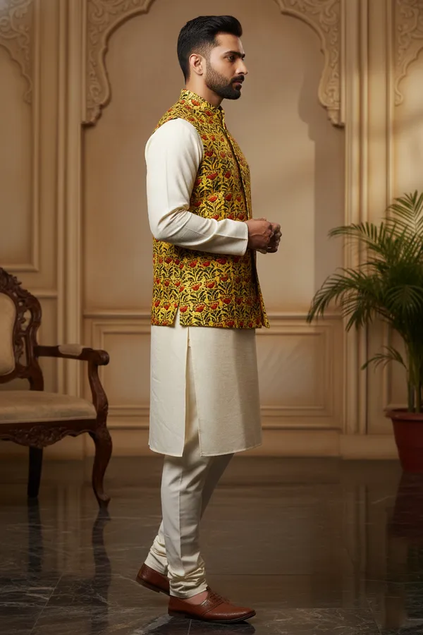 Gold_Premium_Pattern_Silk_Blend_Nehru_Jacket_Kurta_Pajama_Set_For_Men