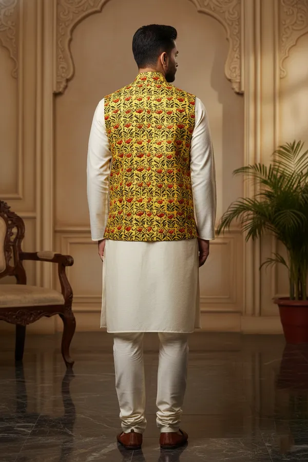 Gold_Premium_Pattern_Silk_Blend_Nehru_Jacket_Kurta_Pajama_Set_For_Men