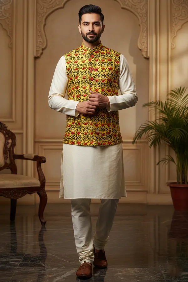 Gold_Premium_Pattern_Silk_Blend_Nehru_Jacket_Kurta_Pajama_Set_For_Men